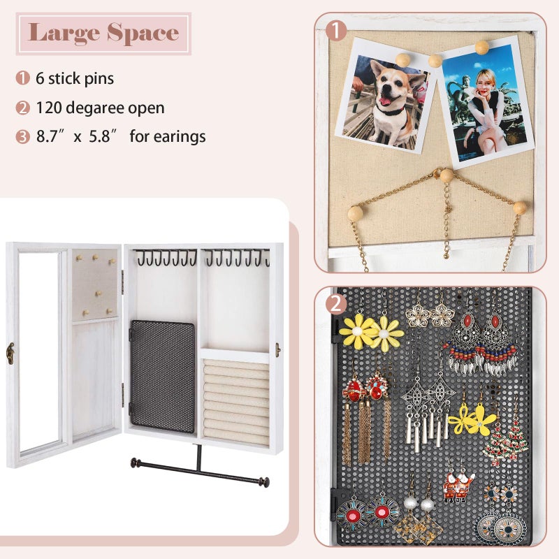 Keebofly Wall Mounted Jewelry Organizer With Rustic Wood Large Space Jewelry Cabinet, Holder, Storage Box for Necklaces, Earrings, Bracelets, Ring Holder, and Accessories White - Image 4